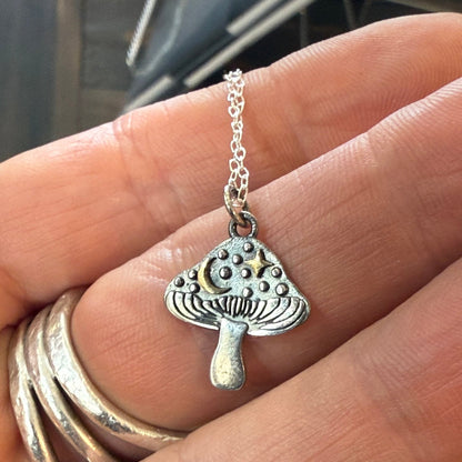 Sterling Amanita Mushroom Gold Moon & Star Necklace - Loved To Death