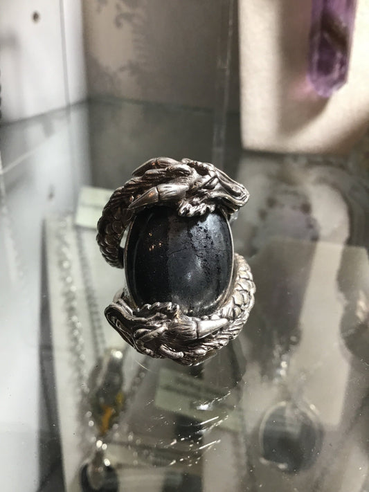 Sterling Double Dragon Banded Hematite Ring - Loved To Death