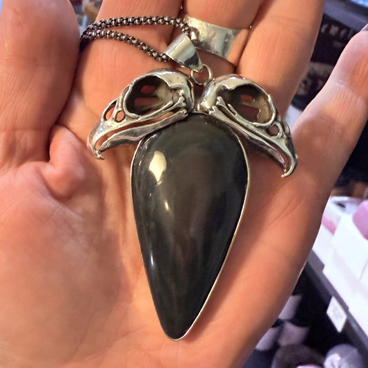 Sterling Double Vulture Skulls Rainbow Obsidian Necklace - Loved To Death