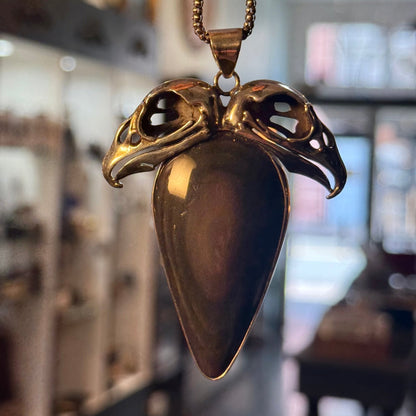 Sterling Double Vulture Skulls Rainbow Obsidian Necklace - Loved To Death