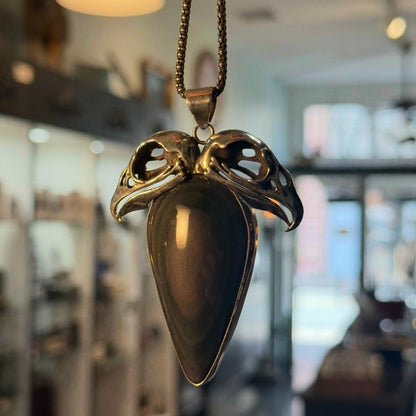 Sterling Double Vulture Skulls Rainbow Obsidian Necklace - Loved To Death