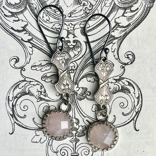 Sterling Gothic Victorian Rose Quartz Earrings - Loved To Death