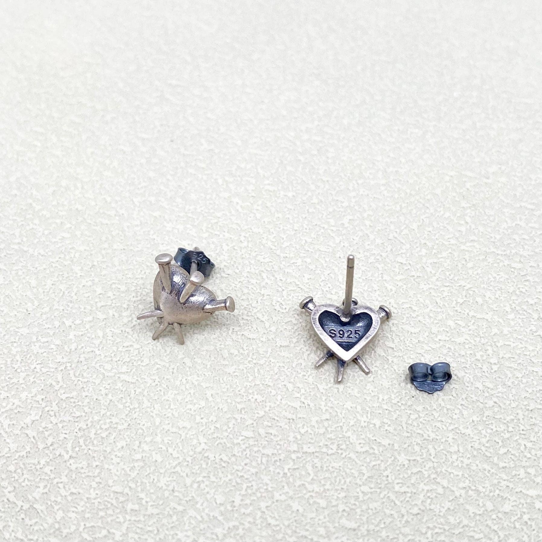 Sterling Silver Gothic Nail Puncture Heart Ear Studs - Loved To Death