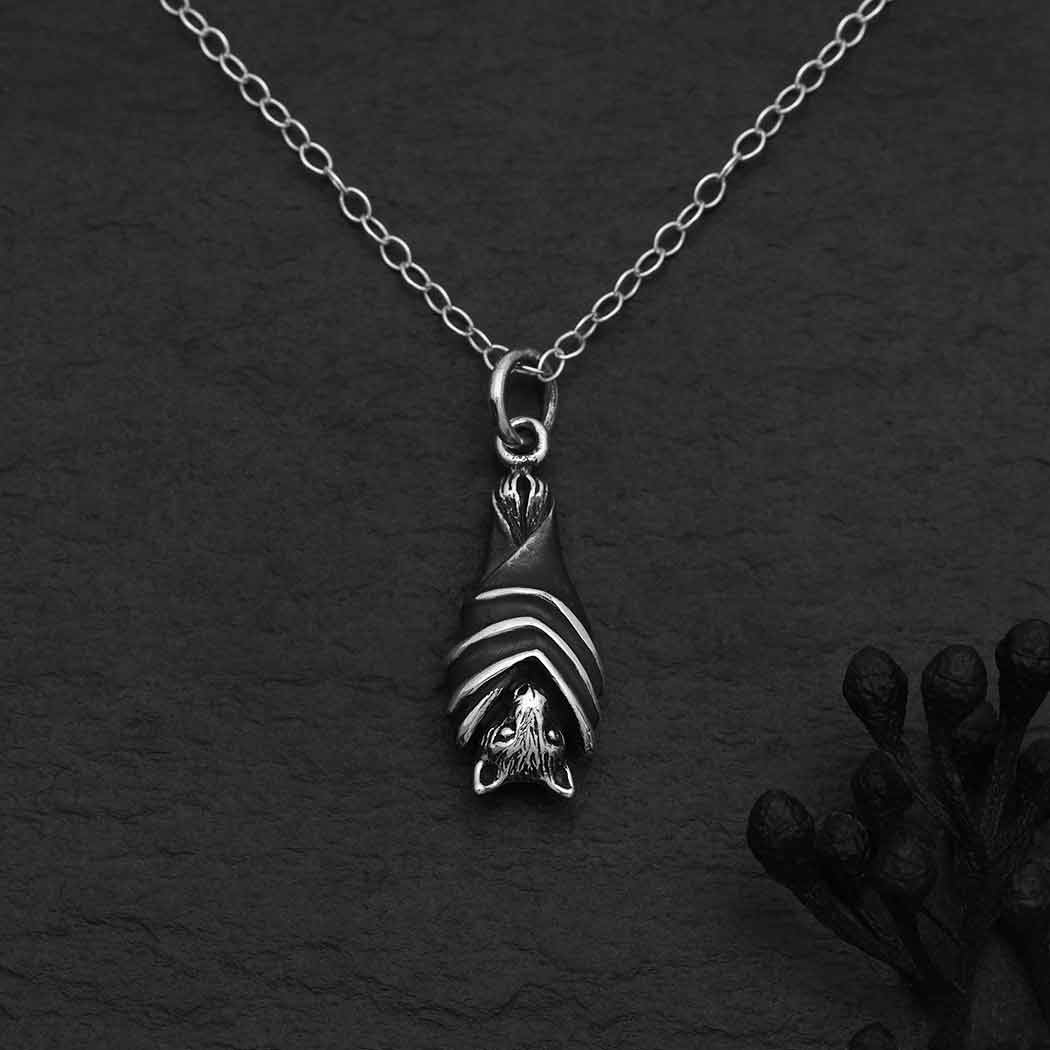 Sterling Silver or Bronze Hanging Bat Necklace - Loved To Death