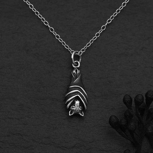 Sterling Silver or Bronze Hanging Bat Necklace - Loved To Death