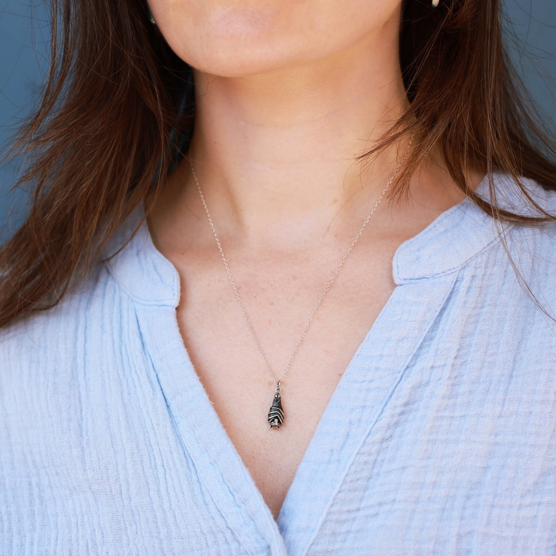 Sterling Silver or Bronze Hanging Bat Necklace - Loved To Death