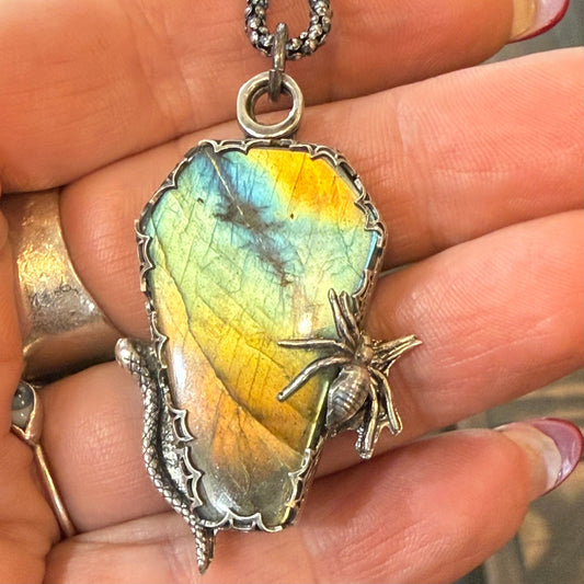 Sterling Silver Serpent and Spider Labradorite Coffin Necklace Gothic Victorian Handmade - Loved To Death
