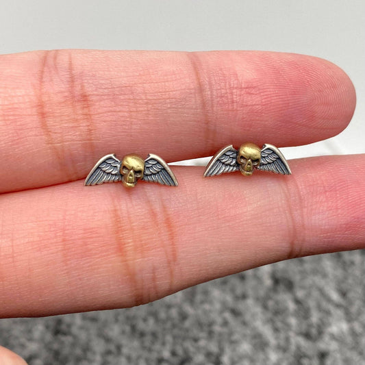 Sterling Silver Winged Skull Gothic Stud Earrings - Loved To Death