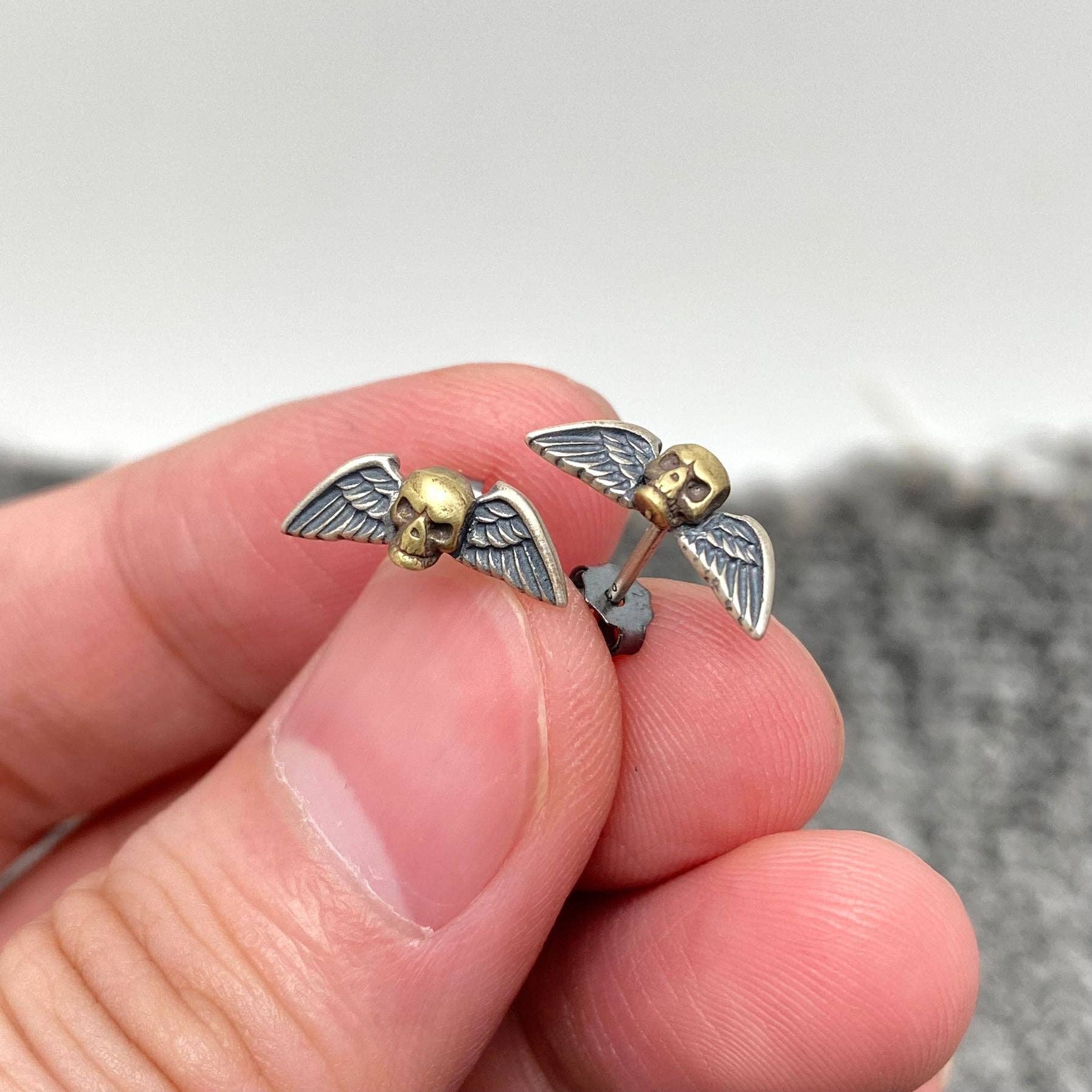 Sterling Silver Winged Skull Gothic Stud Earrings - Loved To Death
