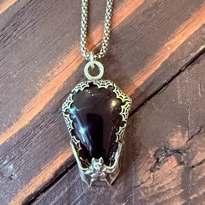 Sterling Vampire Bat Obsidian Coffin Spiderweb Necklace Gothic Victorian - Loved To Death