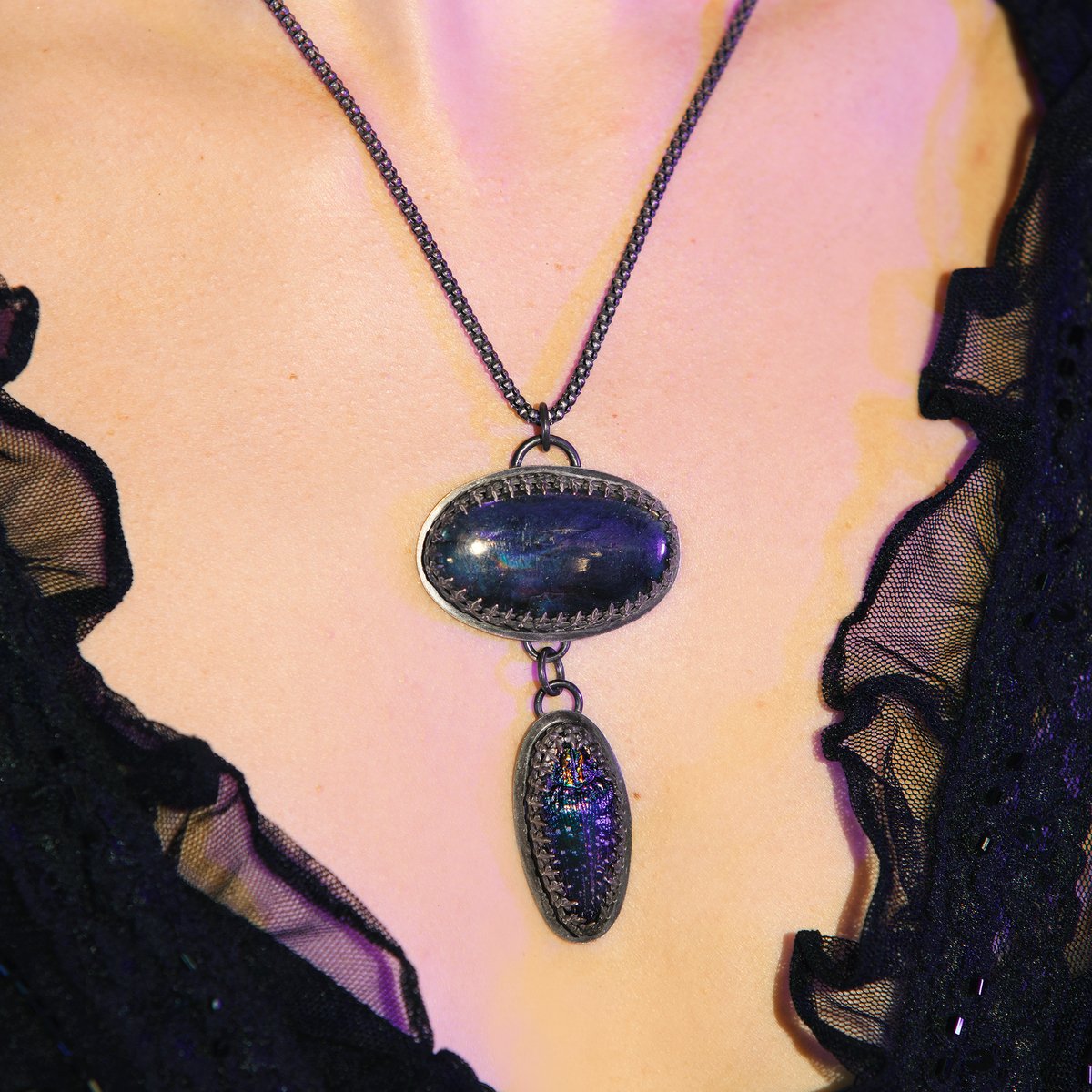 { Victoria } Genuine Blue Jewel Beetle Spectrolite Sterling Necklace - Loved To Death