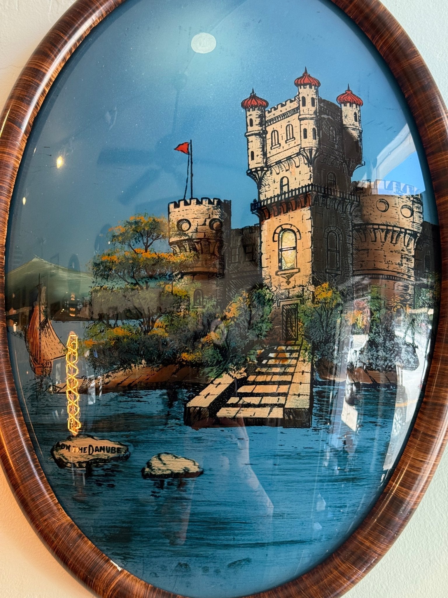 Victorian Bubble Convex Glass Tiger Stripe Wood Frame Danube Castle Reverse Paint - Loved To Death