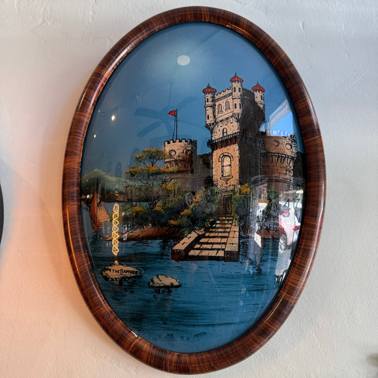 Victorian Bubble Convex Glass Tiger Stripe Wood Frame Danube Castle Reverse Paint - Loved To Death