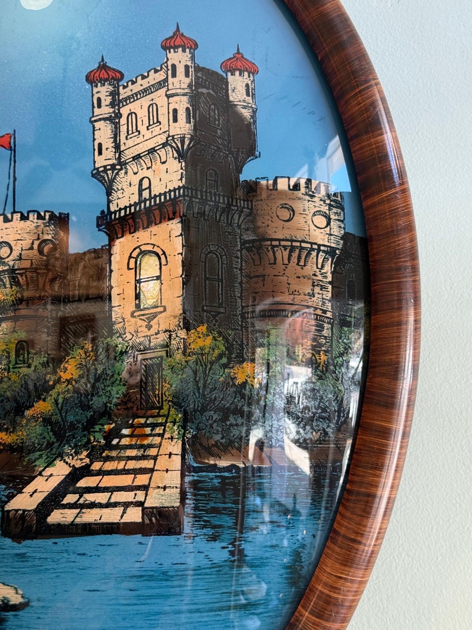 Victorian Bubble Convex Glass Tiger Stripe Wood Frame Danube Castle Reverse Paint - Loved To Death