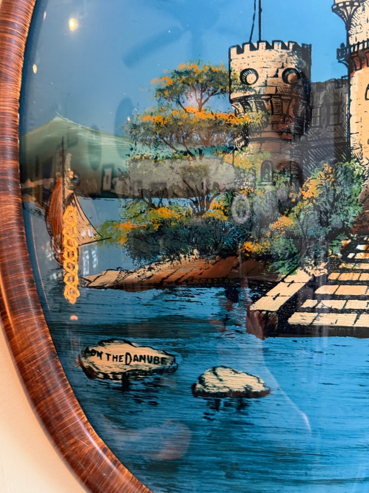 Victorian Bubble Convex Glass Tiger Stripe Wood Frame Danube Castle Reverse Paint - Loved To Death