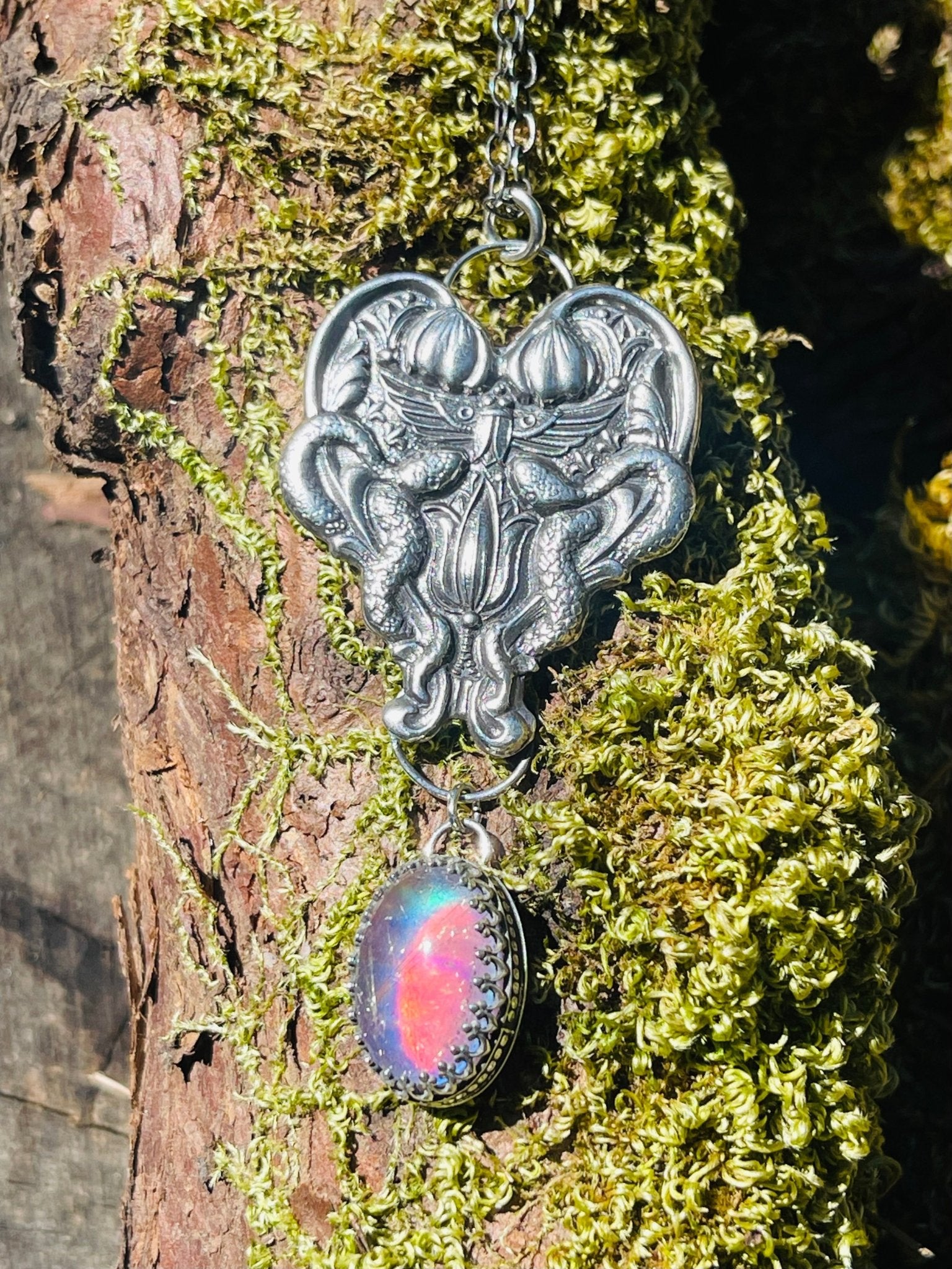 Victorian Egyptian Revival Snakes & Scarab Rutilated Quartz Aurora Opal Necklace - Loved To Death