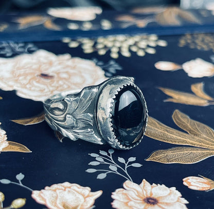 Victorian Filigree Leaves Band Onyx Sterling Ring { The Looming } - Loved To Death