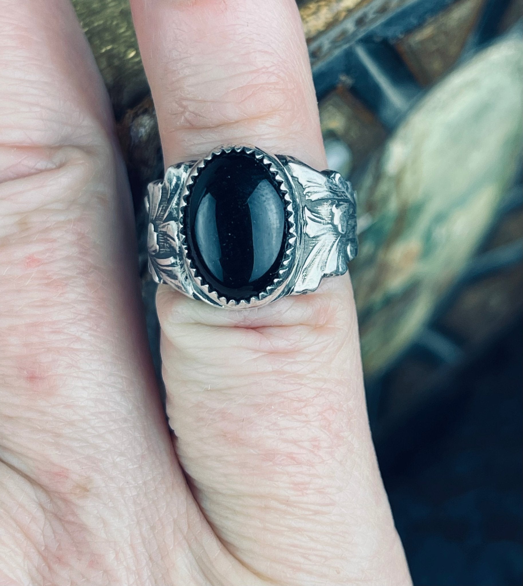 Victorian Filigree Leaves Band Onyx Sterling Ring { The Looming } - Loved To Death