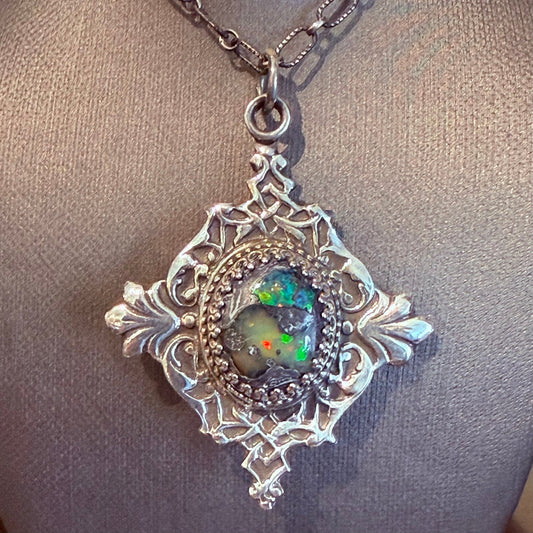 Victorian Filigree Sterling Galaxy Opal Necklace - Loved To Death