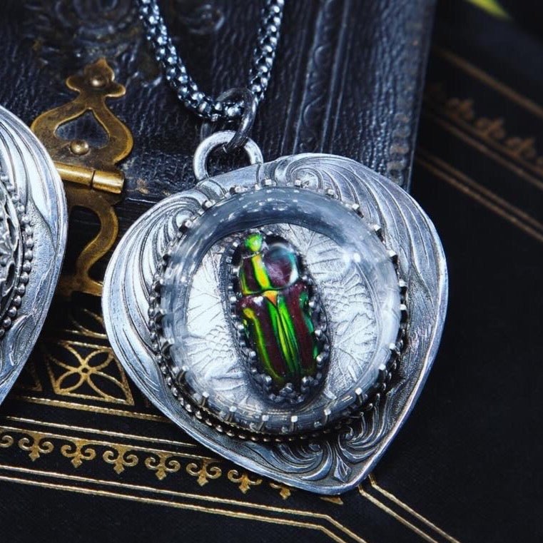 Victorian Flourish Green Striped Jewel Beetle Sterling Necklace - Loved To Death