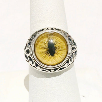 Victorian Inspired Sterling Filigree Yellow Feline Taxidermy Eye Ring - Loved To Death