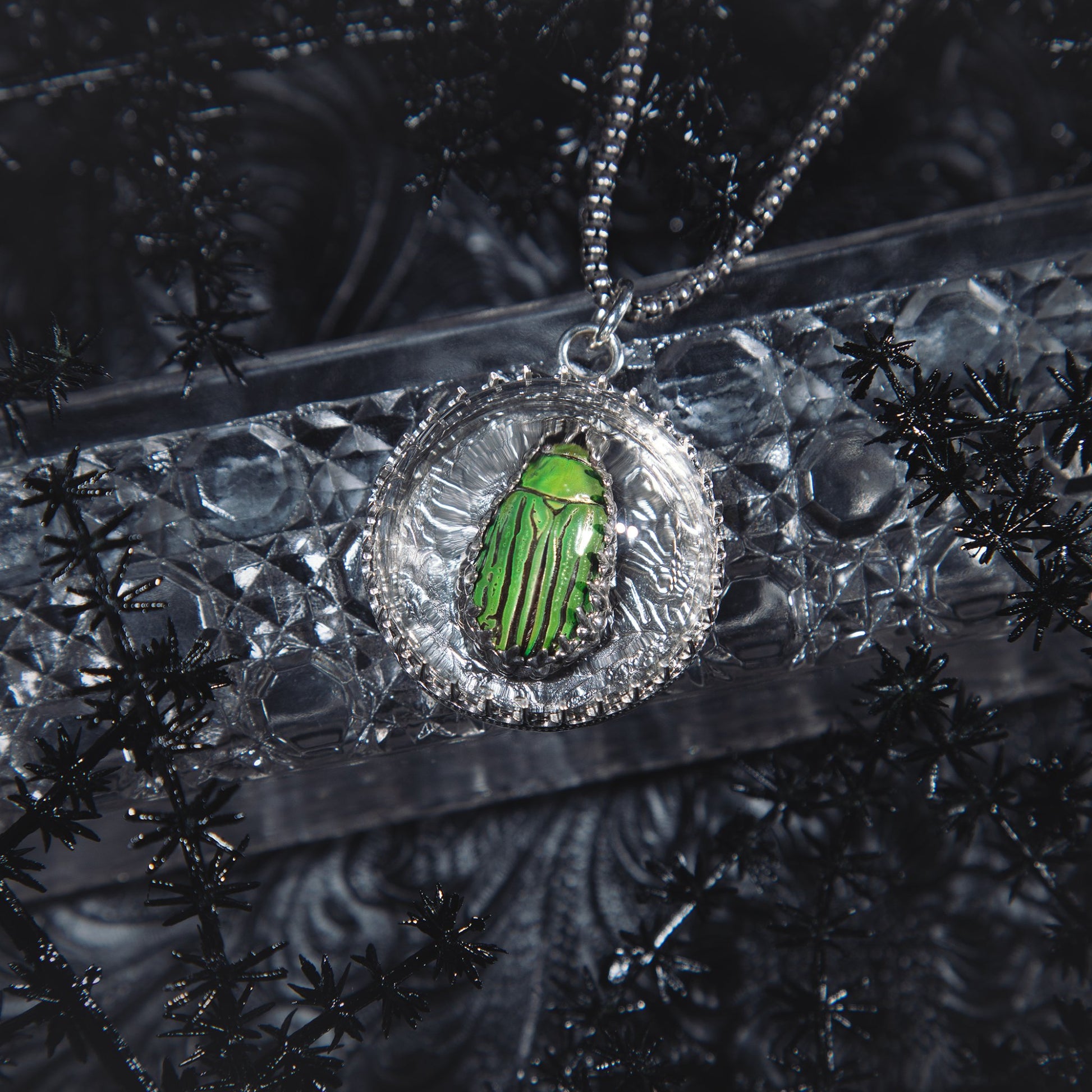 Victorian Thistle Dome Green Gold Scarab Beetle Sterling Necklace - Loved To Death