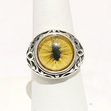 Load image into Gallery viewer, Victorian Inspired Sterling Filigree Yellow Feline Taxidermy Eye Ring
