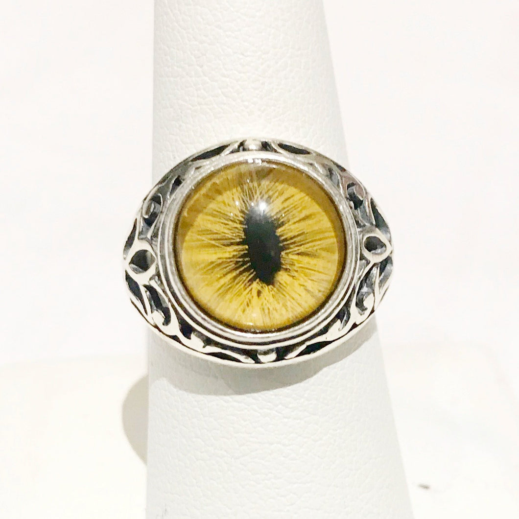 Victorian Inspired Sterling Filigree Yellow Feline Taxidermy Eye Ring