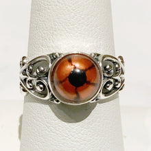 Load image into Gallery viewer, Sterling Taxidermy Eye Ring Orange Reptile Filigree Band
