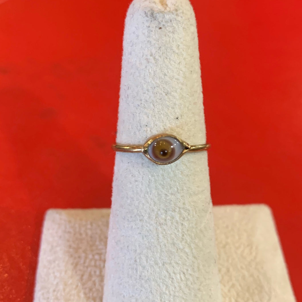 Mini Glass Eye Brass Ring Brown