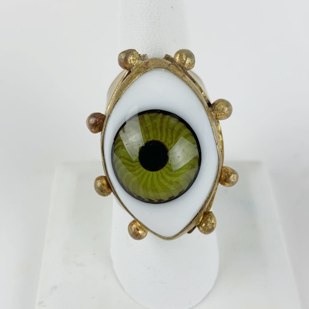Glass Eye Brass Ring Large Green