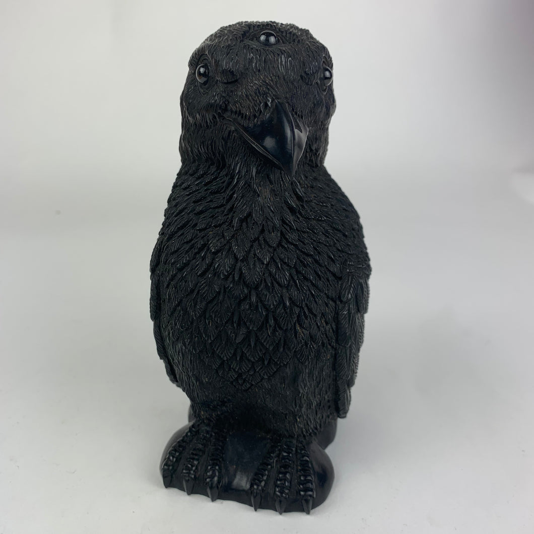 Mercurious Jet Carved Three Eyed Raven Standing