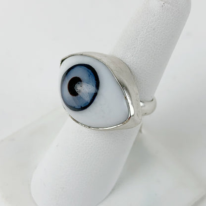 Glass Eye Sliver Plate Brass Ring Blue large