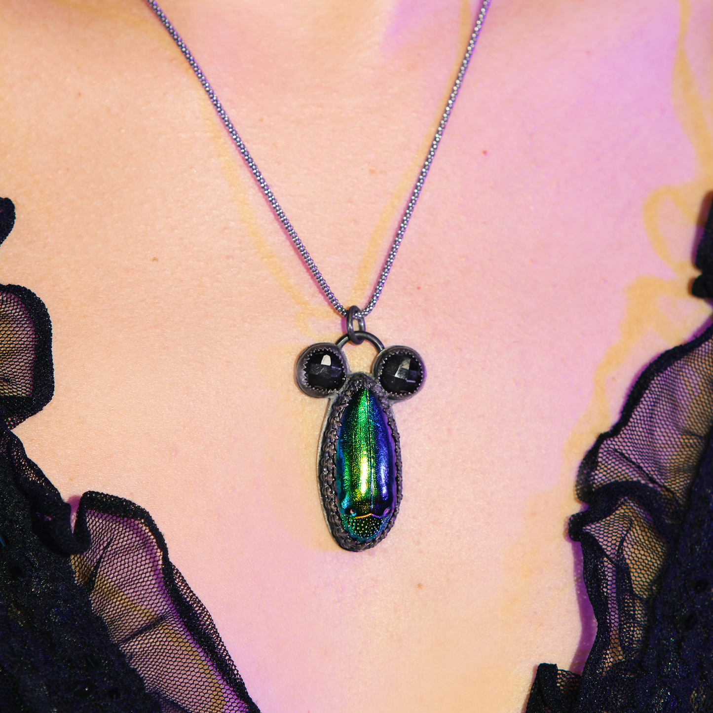 { Lydia } Genuine Jewel Beetle & Onyx Sterling Necklace