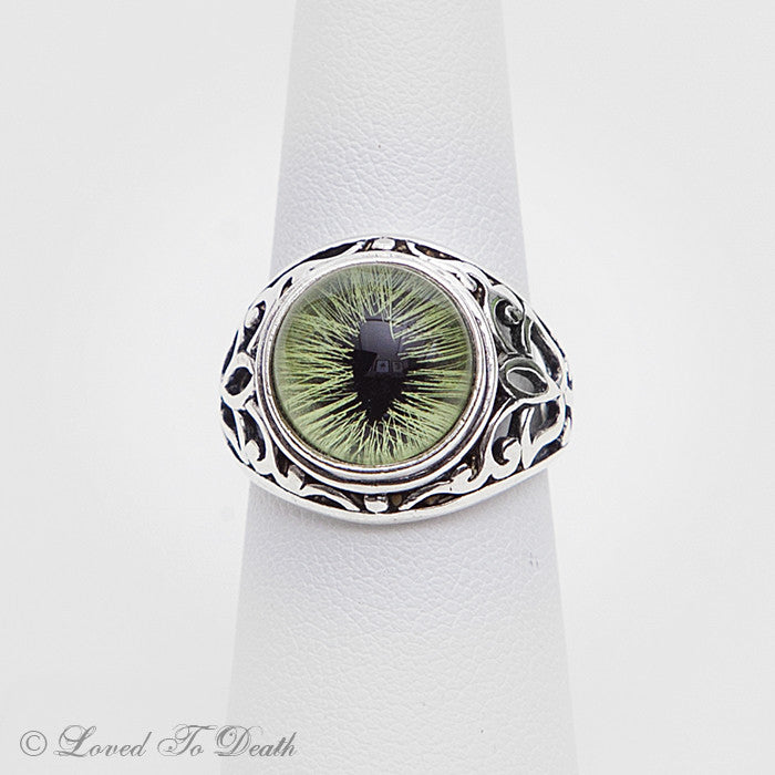 Victorian Inspired Sterling Filigree Green Feline Taxidermy Eye Ring