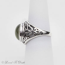 Load image into Gallery viewer, Victorian Inspired Sterling Filigree Green Feline Taxidermy Eye Ring
