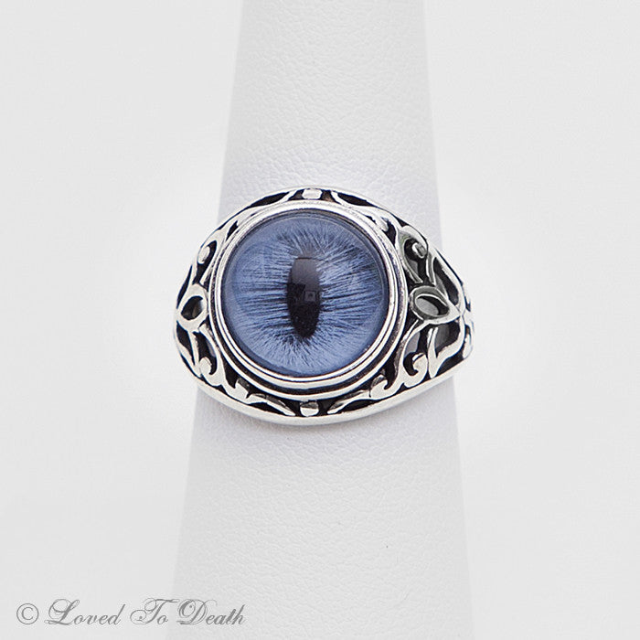 Victorian Inspired Sterling Filigree Blue Feline Taxidermy Eye Ring