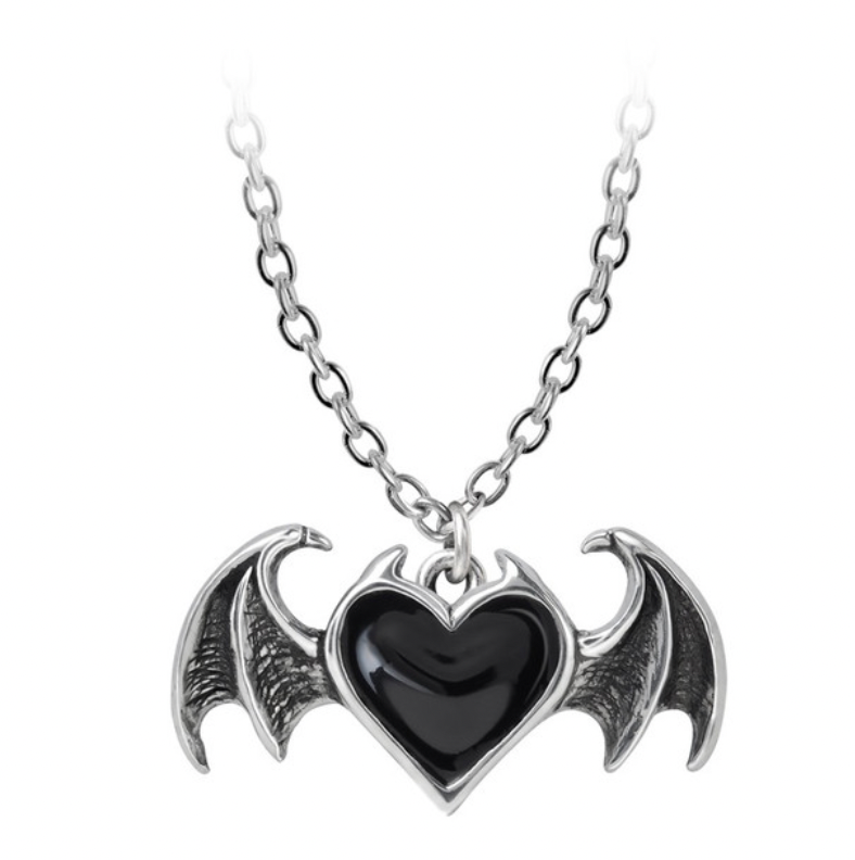 Gothic Bat Wings Black Heart Pewter Necklace