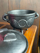 Load image into Gallery viewer, Black Cast Iron Triple Moon Cauldron With Lid 5”
