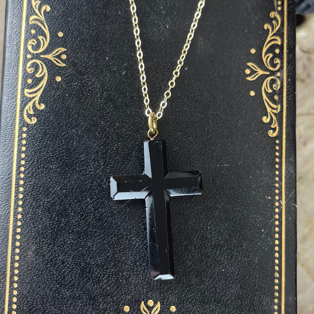Victorian Mourning French Jet Gold Filled Cross Necklace