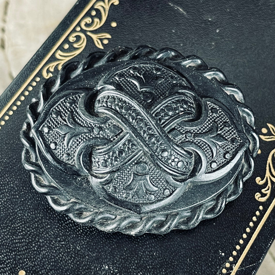 Victorian Mourning Bog Oak Fleur de Lis & Ribbons Brooch