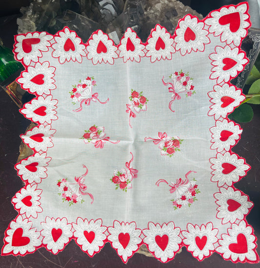 Antique Valentine Flower Bouquets Scalloped Hearts Handkerchief