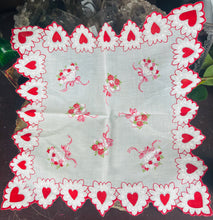 Load image into Gallery viewer, Antique Valentine Flower Bouquets Scalloped Hearts Handkerchief
