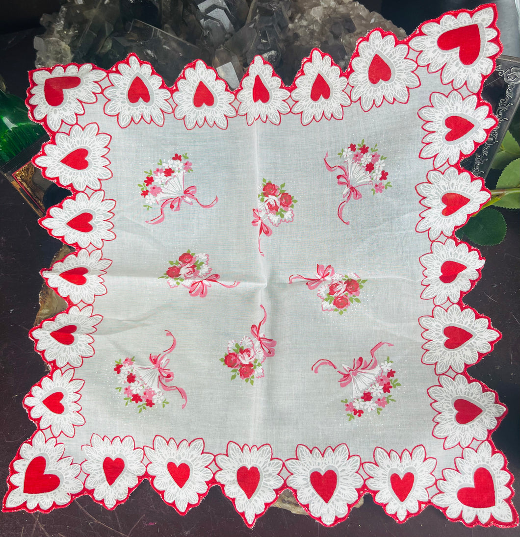 Antique Valentine Flower Bouquets Scalloped Hearts Handkerchief