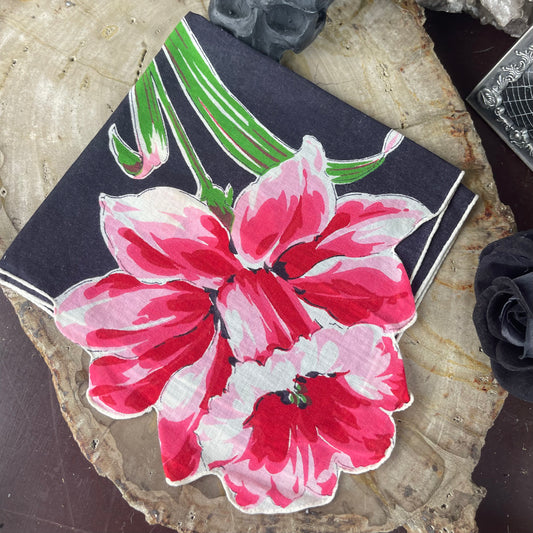 Antique Black Handkerchief Red Flowers