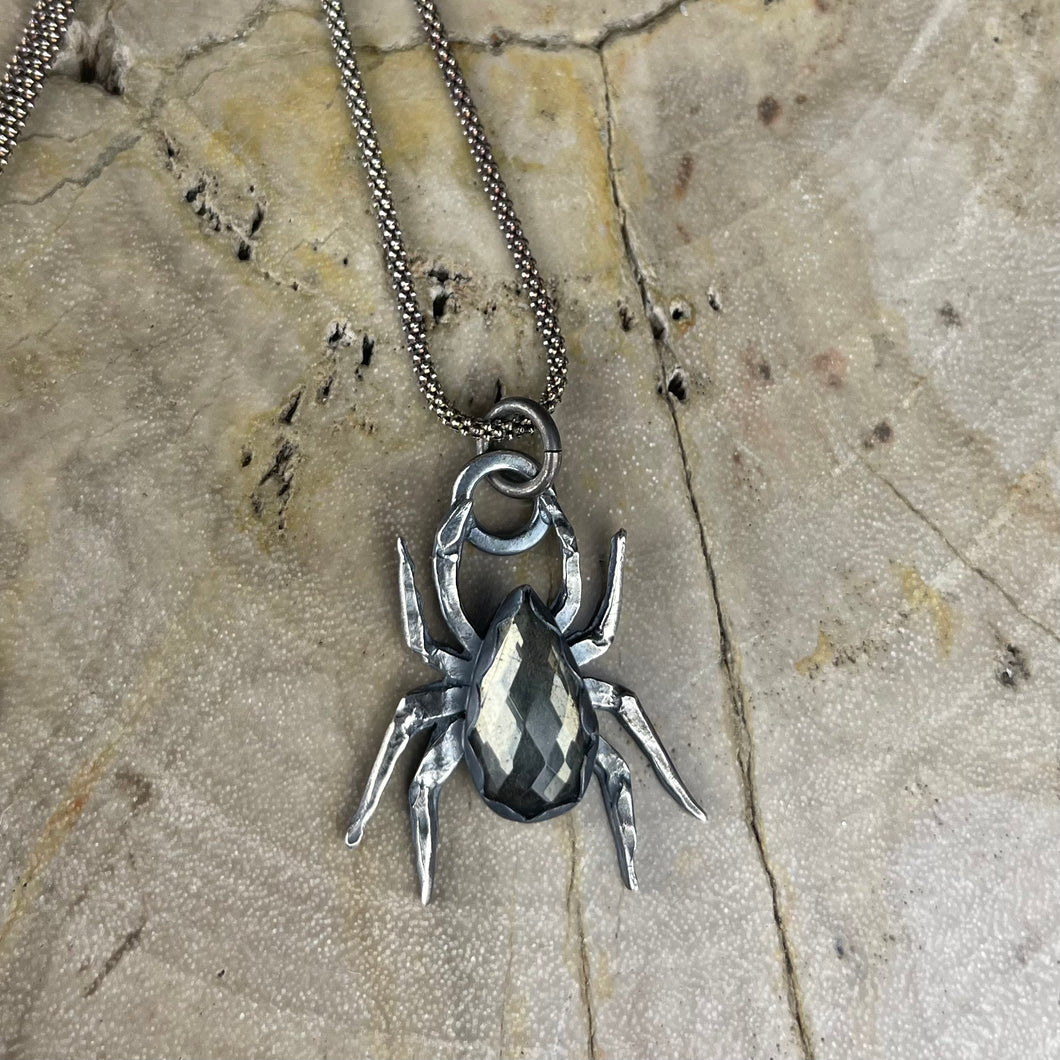 Mini { Spinderella } Pyrite & Clear Quartz Spider Necklace