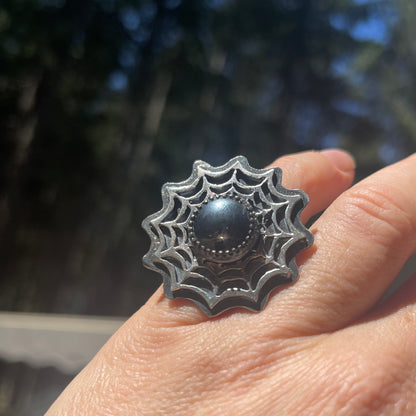 Widows Web Spiderweb Hematite Sterling Ring