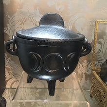 Load image into Gallery viewer, Black Cast Iron Triple Moon Cauldron With Lid 5”
