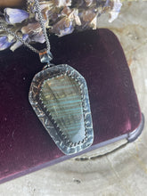 Load image into Gallery viewer, { Lorna } Green &amp; Gold Labradorite &amp; Sterling Bats Coffin Necklace
