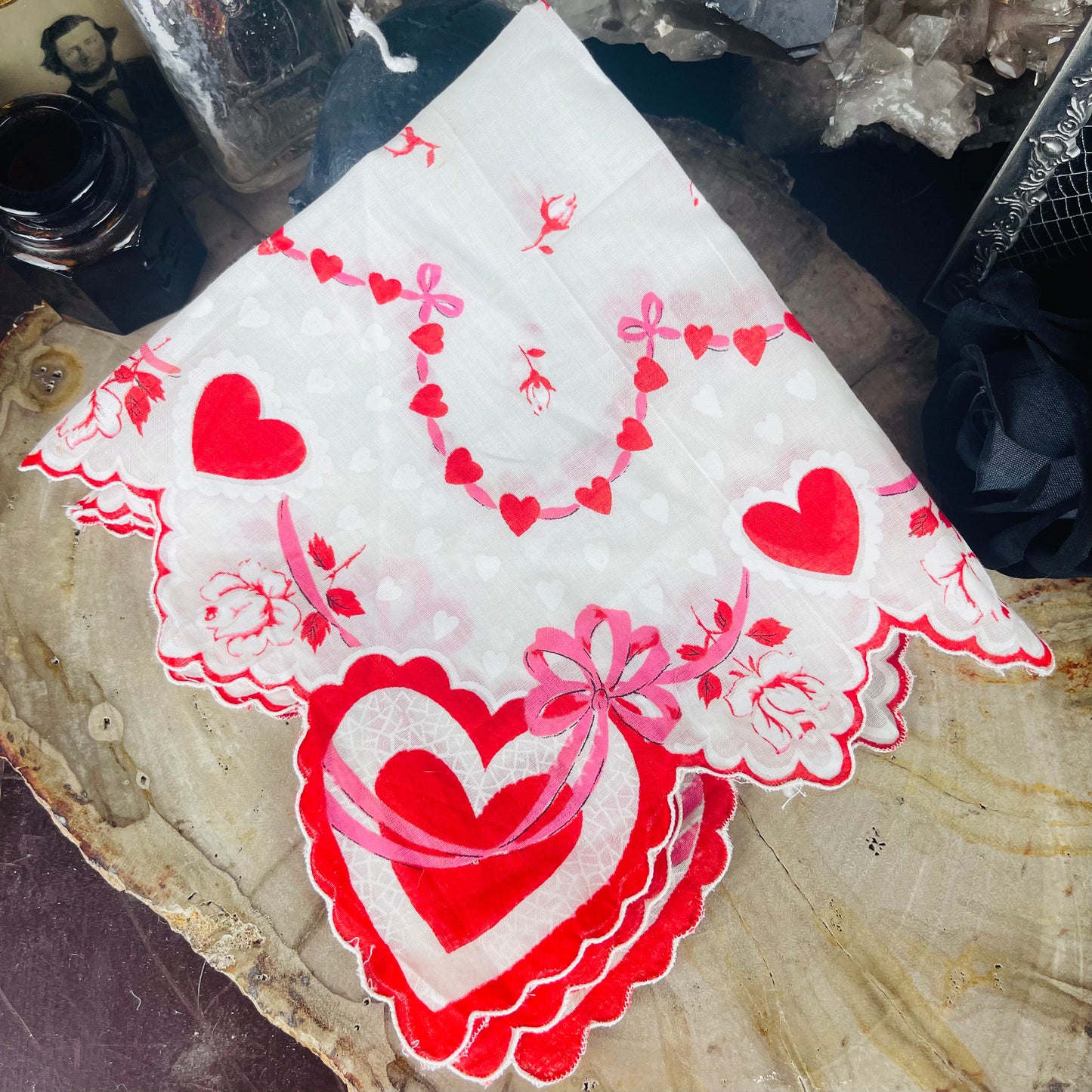 Antique Hearts & Pink Ribbons Scalloped Handkerchief